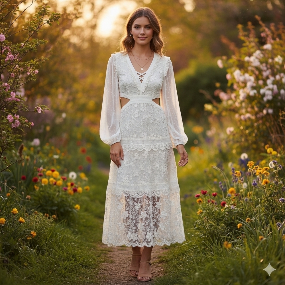 ALEXIS for Target Cream/Ivory Lace Cut Out Tiered Maxi Dress XS Long Sleeve Ruff